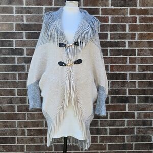 Parami Design Fringe Knit Poncho Sweater | One Size | Neutral Cozy Wrap